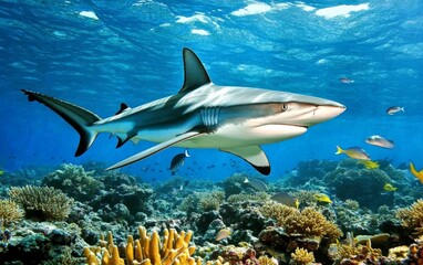Fototapeta premium Gray shark gliding over Caribbean coral reef in National Geographic-style underwater scene
