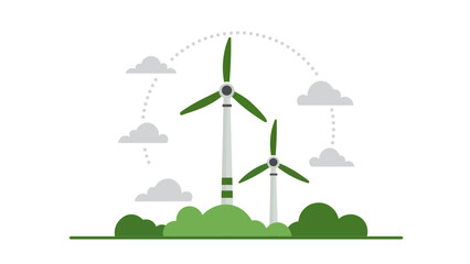 Sustainable wind turbines surrounded by greenery and clouds, symbolizing renewable energy and eco friendly technology