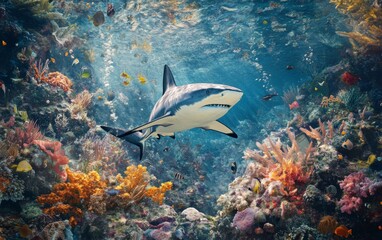 Fototapeta premium Gray shark gliding over Caribbean coral reef in National Geographic-style underwater scene