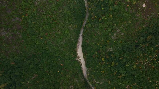 Aerial view of the lush and pristine Acheron Springs with the scenic Canyon Acheron and river, Epirus, Greece.