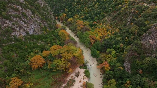 Aerial view of serene Acheron Springs with colorful autumn foliage and lush forest in a picturesque canyon, Epirus, Greece.