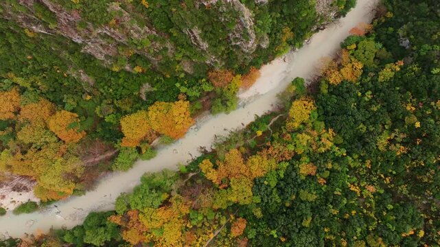 Aerial view of serene Acheron Springs with lush forest and vibrant fall colors, Epirus, Greece.