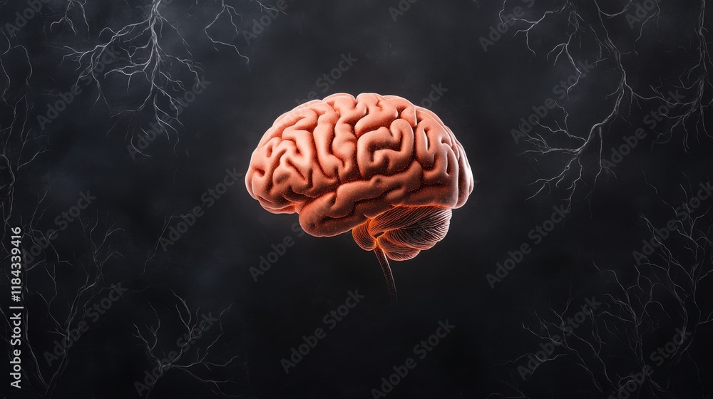 Aufkleber detailed view of a human brain surrounded by abstract neural connections and dark background