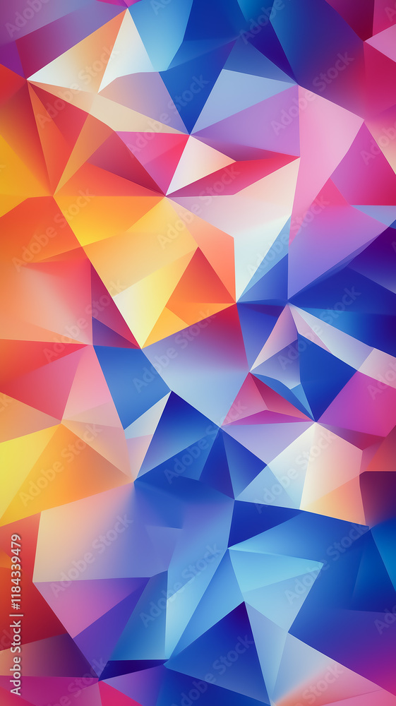 Poster vibrant geometric pattern with sharp triangular shapes blending in a dynamic mix of blue, orange, an