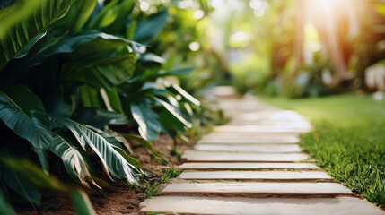 Obraz premium Tranquil garden path made of wooden planks winding through vibrant green tropical plants, bathed in warm sunlight, creating a peaceful and inviting atmosphere in a luxurious resort