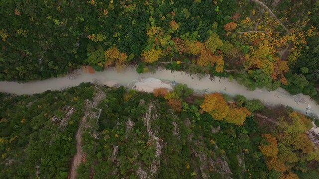 Aerial view of Acheron Springs with colorful autumn foliage and serene river winding through the canyon, Epirus, Greece.
