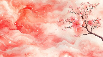 Fototapeta premium Pink floral branch against abstract marbled background.