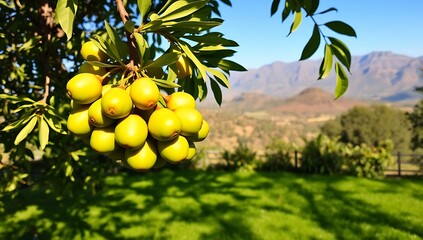 Lush green fruits on a branch with a mountain view.