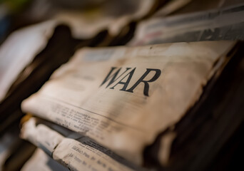 Close-up of an old newspaper featuring the prominent headline 'WAR', symbolizing past conflicts and historical journalism.