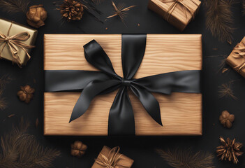 Sophisticated Gift Box with Black Ribbon and Natural Accents