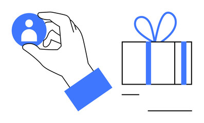 Hand holding a profile icon near a gift box tied with a ribbon and bow. Ideal for HR, rewards programs, client appreciation, staff recognition, loyalty programs, holiday gifts, and celebratory
