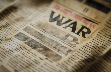 Obraz premium A weathered newspaper with a bold 'WAR' headline, its pages crumpled and stained, conveying a sense of historical urgency and conflict.