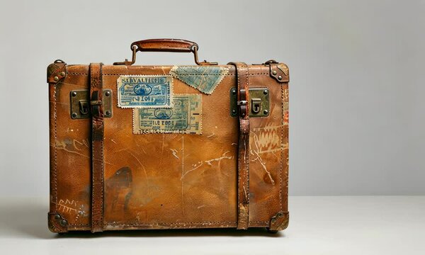 Vintage brown leather suitcase with travel stickers in plain background