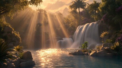 Enchanting Waterfall in Luminous Forest Wonderland