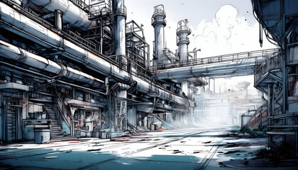 The game features a futuristic scene of an industrial factory