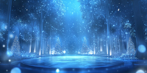 Enchanting winter forest scene with illuminated trees, glowing lights, and a frozen circular platform. A magical, festive atmosphere is enhanced by falling snow and a blue color palette.