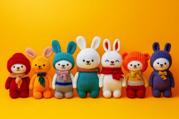 Naklejka premium Colorful knitted toys including bunnies, bears, and human-like figures arranged in a row on yellow background, perfect for copy space.