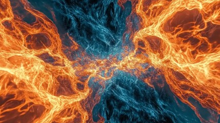 Fototapeta premium Abstract Fiery Explosion with Sharp Plasma Bursts Against a Dynamic Background of Blue and Orange Colors