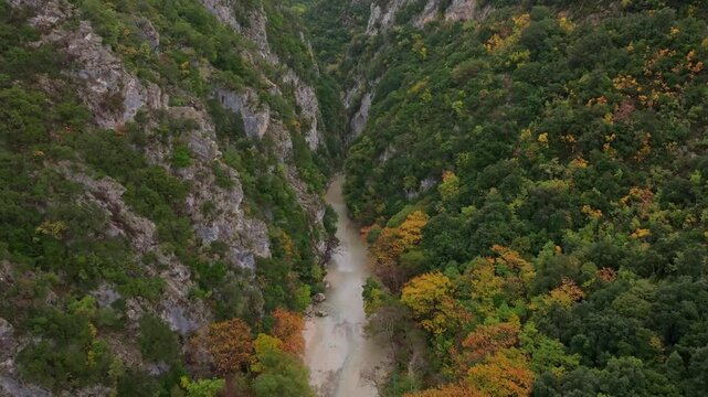 Aerial view of the serene Acheron Springs and winding river surrounded by lush forest and majestic mountains, Epirus, Greece.