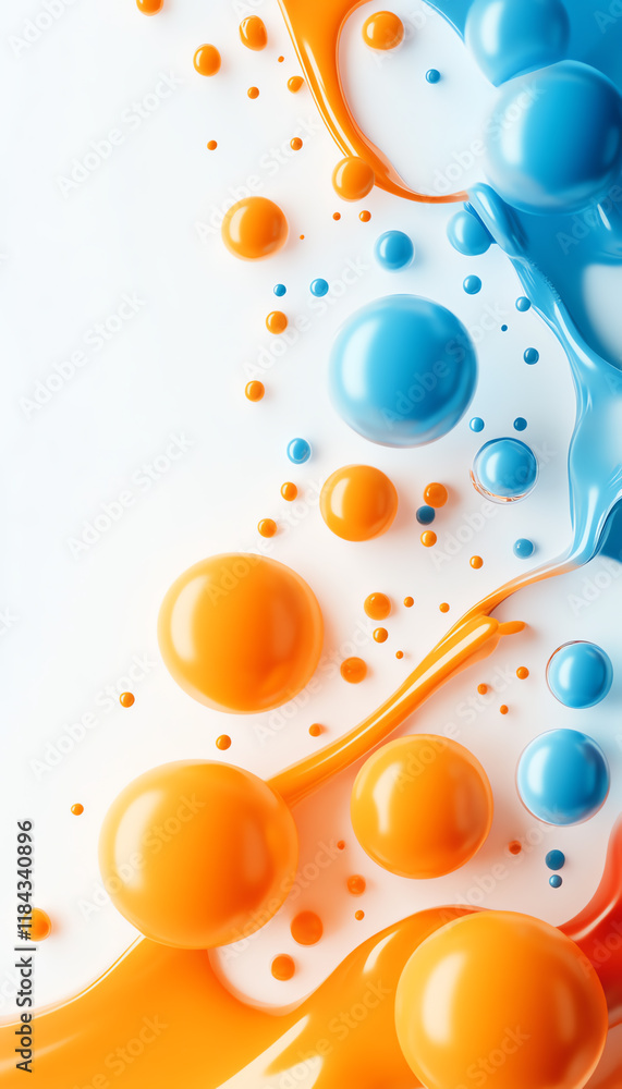 Poster vibrant fluid paint design featuring blue and orange drops merging on a white background, creating a