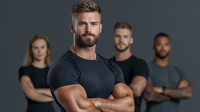 Ultra-realistic lifestyle shot of a personal trainer guiding a group workout session with detailed attention to branding apparel and motivational design elements, 