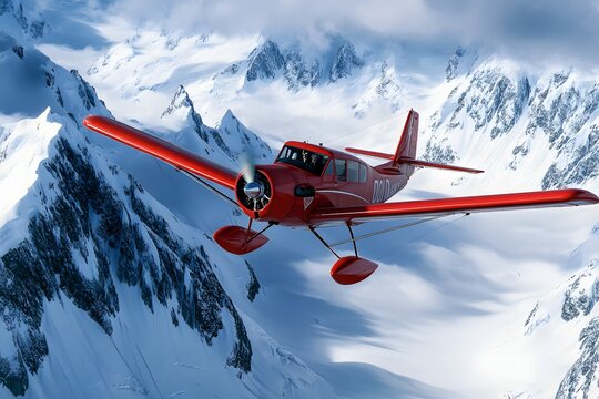 A red airplane flying over snow-covered mountains