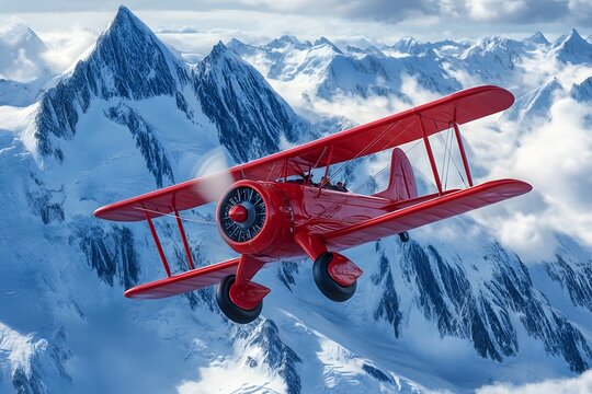 A red airplane flying over snow-covered mountains