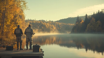 Tranquil Autumn Fishing Scene at Sunrise by the Serene Lake with Two Anglers Enjoying a Peaceful Day Surrounded by Vibrant Fall Foliage and Morning Mist