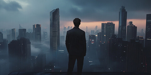 Man in a suit standing on a rooftop, overlooking a futuristic city skyline at dusk with foggy atmosphere and glowing lights, evoking a moody and cinematic ambiance.
