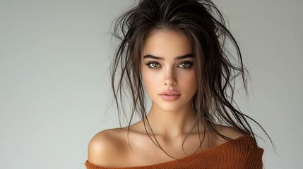 A confident woman modeling a tight sweater, her face glowing softly against an opaque off-white background, expertly lit with cinematic flair. Ultra-Realistic, Photo Realistic, highly detailed, 