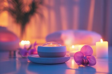 Relaxing spa setting with candles and orchids creating a serene atmosphere