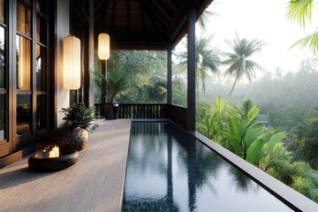 A digital 3D model of a traditional Balinese villa, with open-air living spaces, intricate carvings, and a pool overlooking a lush forest