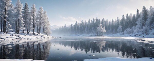 A serene winter landscape with a frozen lake and snow-covered trees, serene nature, snowy woods, frozen lake