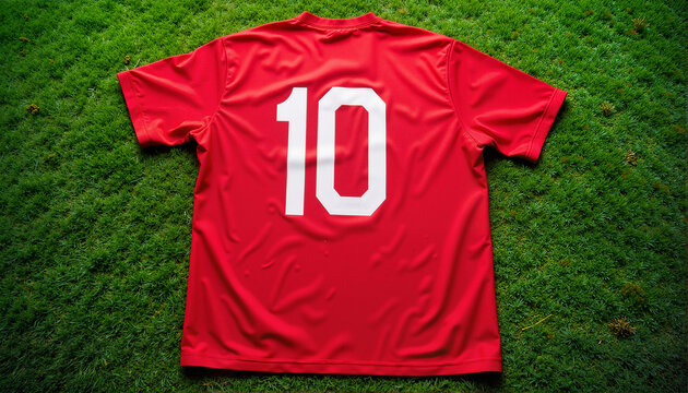 Red soccer jersey with number 10 on green grass, Start of the Football Season - Powered by Adobe