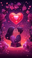 Valentine's Day Kiss Under a Heart Enchanted Garden Romantic Illustration Dreamy Atmosphere Intimate Viewpoint