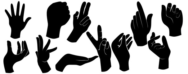 set of hand silhouettes isolated on white, Human hand gestures, collection of black hands, flat, silhouette hands pose collection, Vector illustration.