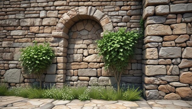Fortress wall embrasure with weathered stones and plants, fortress wall, fortified wall, historic site