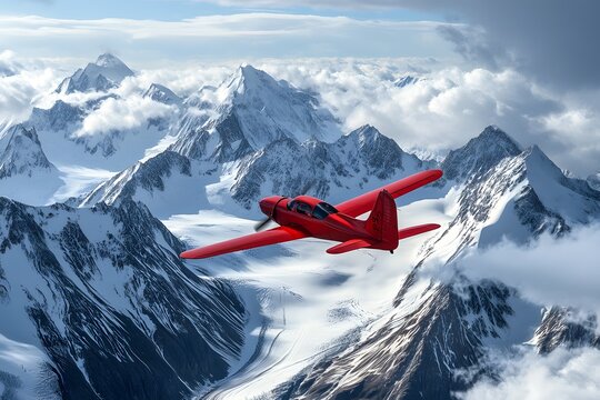 A red airplane flying over snow-covered mountains