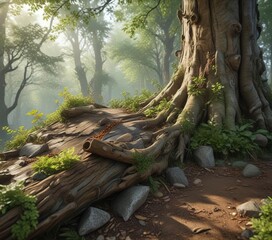 Obraz premium Il tronco sodo e le foglie verdi dellalbero isolato sullo scarpamento roccioso , nature, hillside, tree trunk