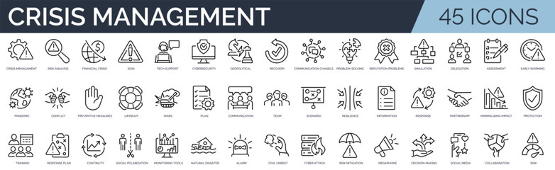 Set of 45 outline icons related to crisis management. Linear icon collection. Editable stroke. Vector illustration	