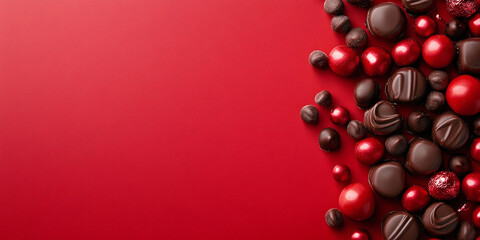 Fototapeta premium Description:.Flat lay of assorted luxury chocolate truffles and red candies on a vibrant red background, creating an elegant and festive composition.