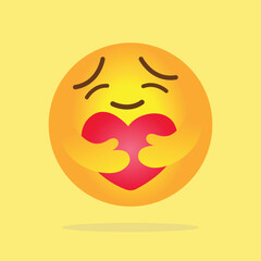 Care emoji - yellow face emoticon with closed eyes hugging a red heart with both hands showing care, support, and presence