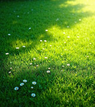 Serene green grass lawn with a few scattered flowers , serene, calm, green grass