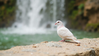Fototapeta premium White dove standing on sandy shore near a waterfall, Peace Day