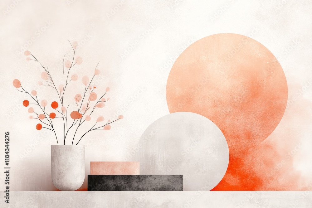 Poster a flat design of a thai ubosot naga staircase, using minimal details and a soft color palette