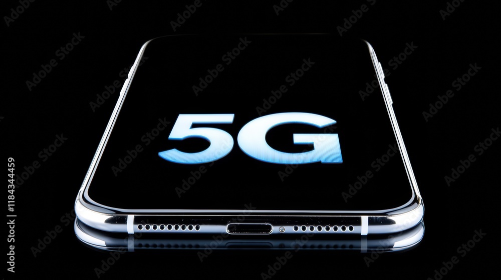 Aufkleber close-up view of smartphone displaying 5g signal on a black background