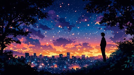 Obraz premium Silhouette of a person gazing at a vibrant cityscape at night under a starry sky.