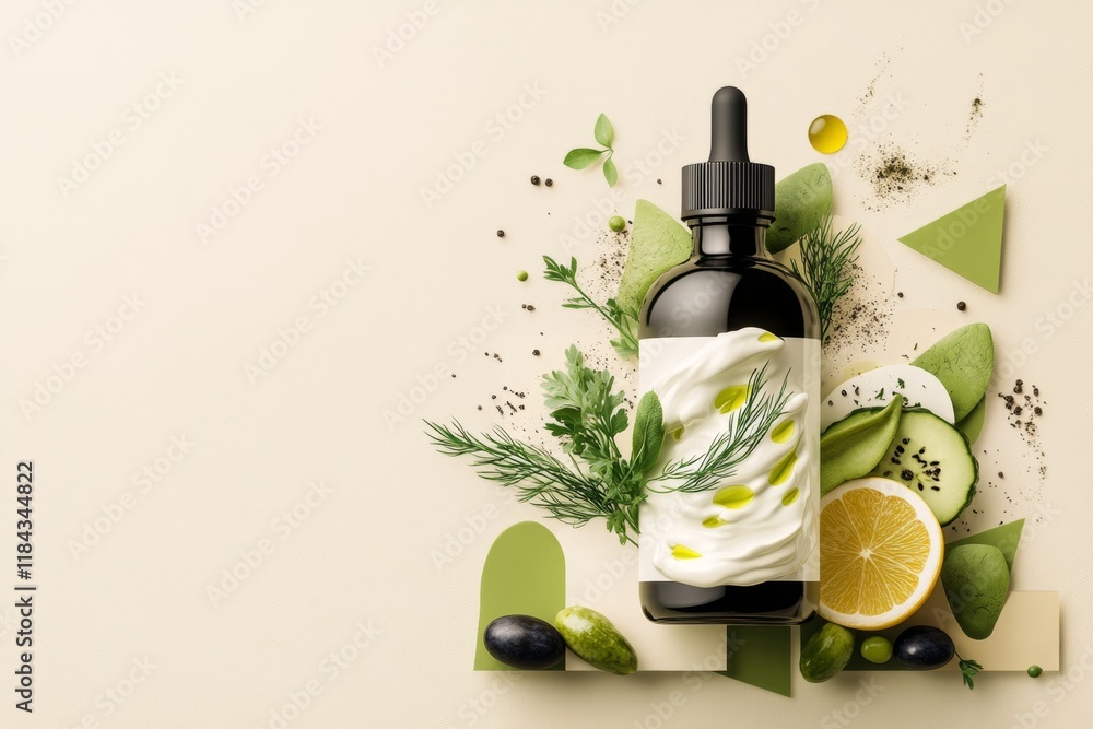 Poster a flat design of tzatziki with olive oil drizzle and a sprig of dill, surrounded by geometric shapes