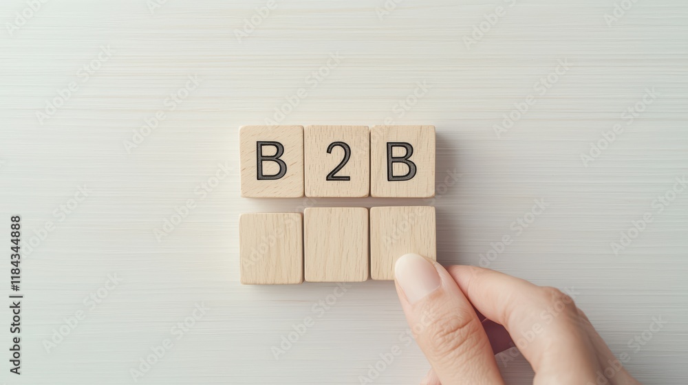 Poster hand selecting wooden blocks with letters b2b on smooth background