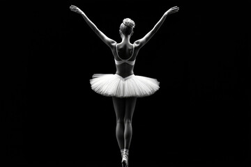 Obraz premium Elegant ballerina standing en pointe, arms raised gracefully, wearing a classic white tutu with a dramatic black backdrop.